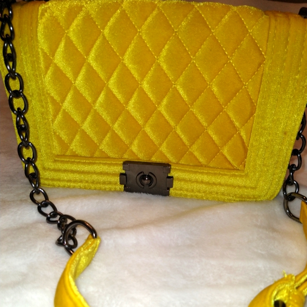 Yellow, Velvet, Quilted Chain Strapped Small Evening Bag